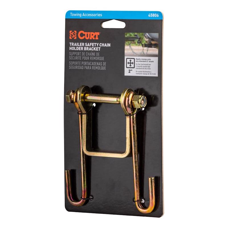 Emery Jensen 2-inch safety chain holder bracket for hitch ball towing accessories, mounted on a vehicle for secure towing.