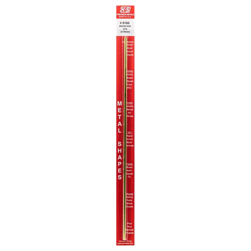 Solid brass rod from Emery Jensen, 12x3/16 inches, used for hobby craft projects, showing the shiny, smooth metal surface.