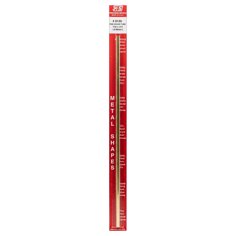 Round brass tube from Emery Jensen Hobby Craft Metals, 12x7/32 inches, showing a polished brass finish and hollow interior.