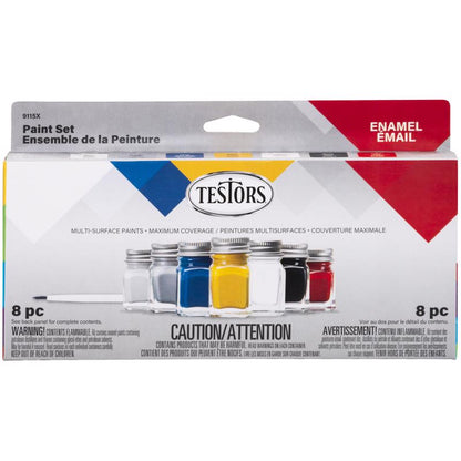 Emery Jensen hobby paint kit with enamel paints and glazes, featuring colorful paint pots and brushes for model painting projects.