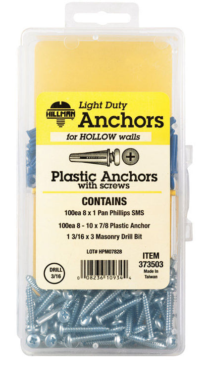 Emery Jensen hollow wall kit Plas ANC PPH 8-10 with wall anchors and screws for secure mounting on drywall surfaces.