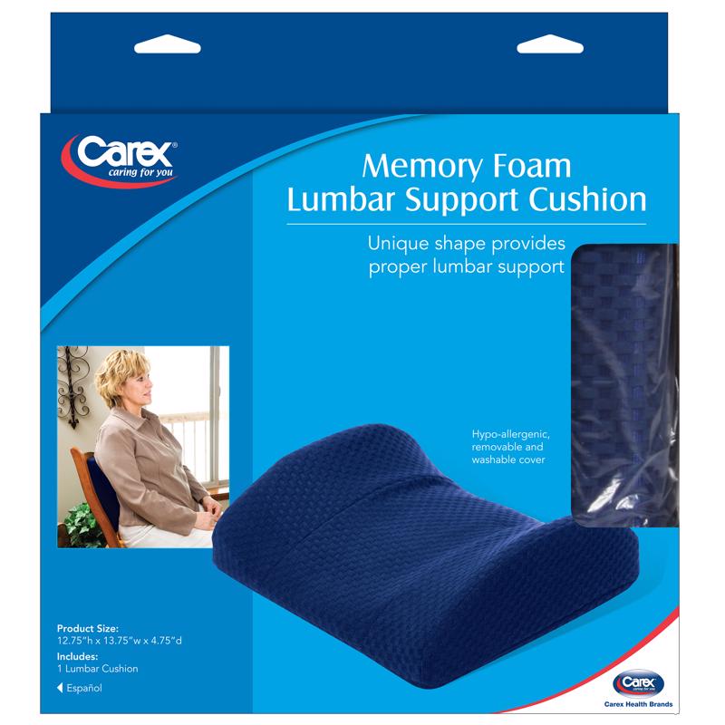 Navy lumbar support cushion from Emery Jensen home healthcare accessories, 12-inch foam back support for improved posture.