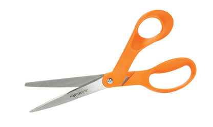 Emery Jensen 8-inch bent right-handed home and office scissors with stainless steel blades for precise cutting.