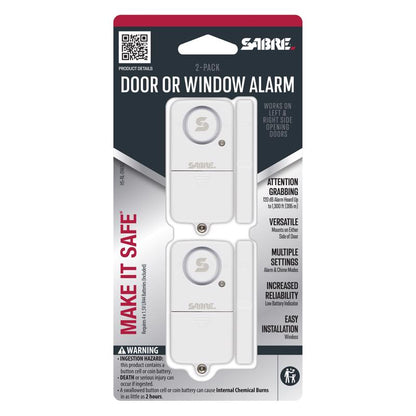 Emery Jensen door alarm with battery, white color, designed for home safety, mounted on a door frame.