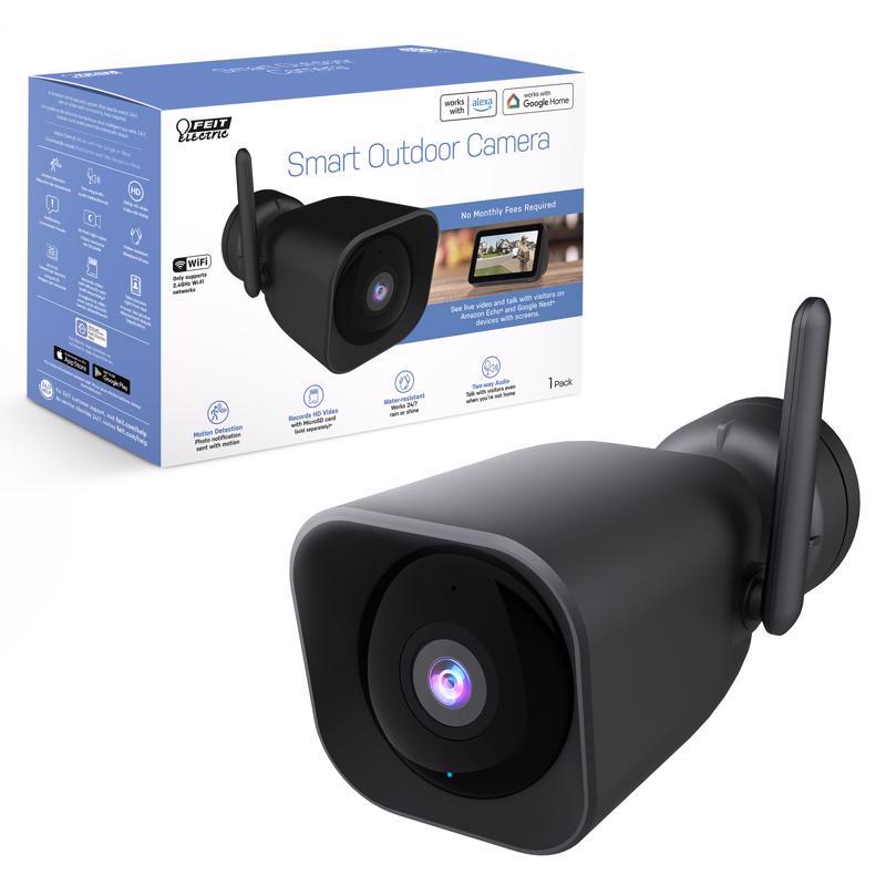 Emery Jensen WiFi security camera with outdoor plug, part of home security systems, showing camera mounted outdoors for surveillance.
