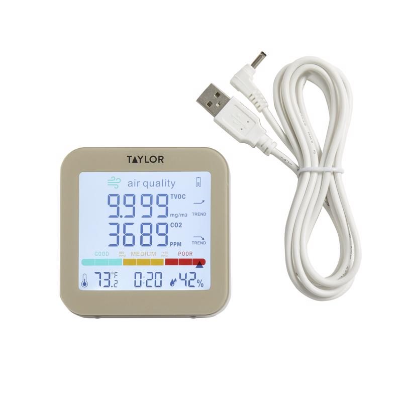 Emery Jensen 3-inch air quality meter for home use, measuring indoor air pollution and ventilation levels.