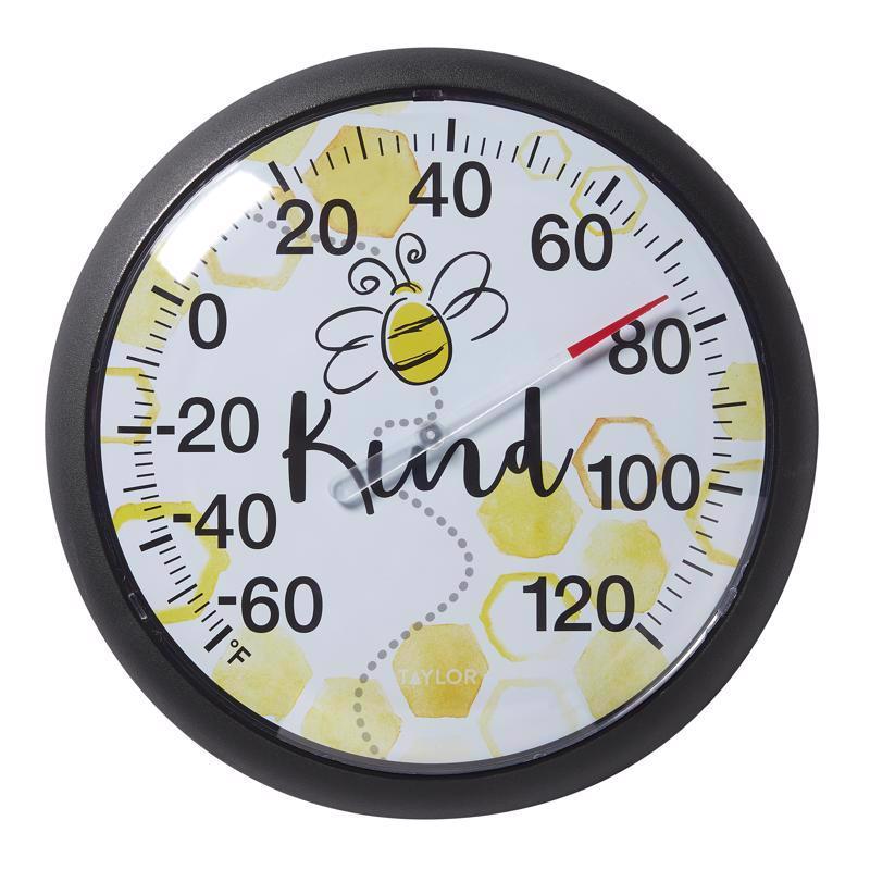 Set of four Emery Jensen bee-themed dial thermometers, 13.25-inch home thermometers for indoor or outdoor use.