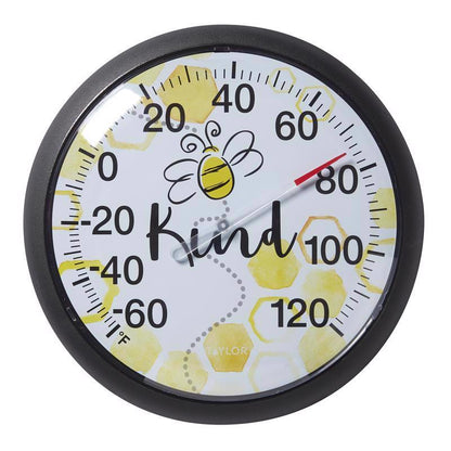 Set of four Emery Jensen bee-themed dial thermometers, 13.25-inch home thermometers for indoor or outdoor use.