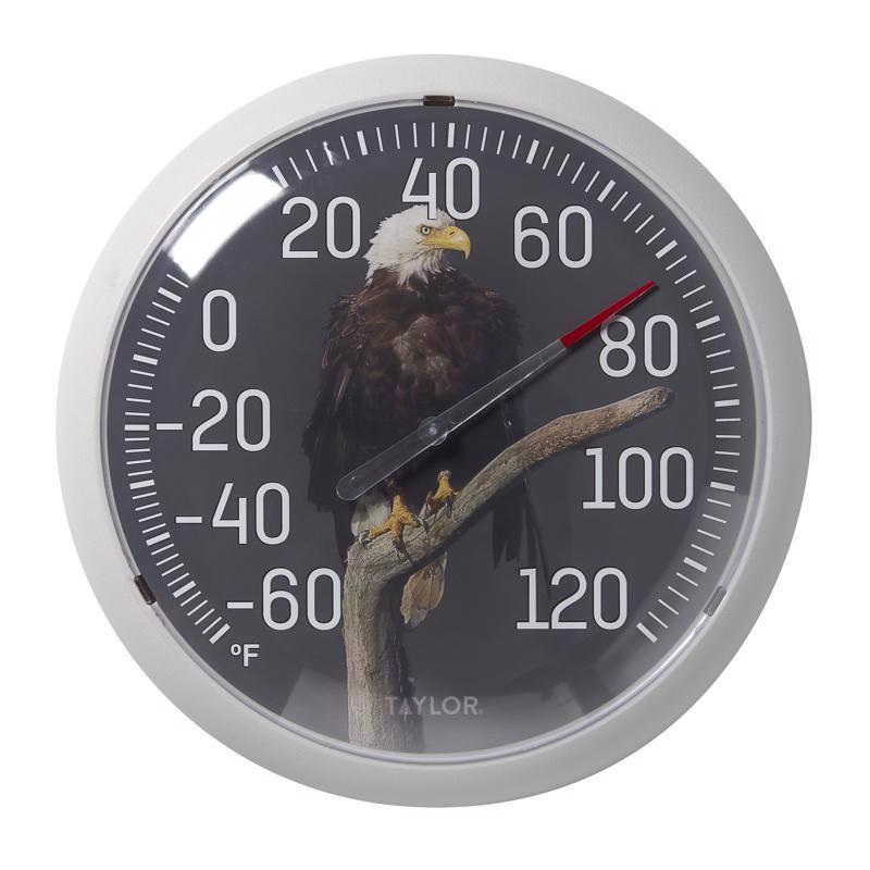 Set of four Emery Jensen dial home thermometers, 13.25-inch temperature gauges for indoor or outdoor use.