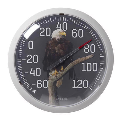 Set of four Emery Jensen dial home thermometers, 13.25-inch temperature gauges for indoor or outdoor use.