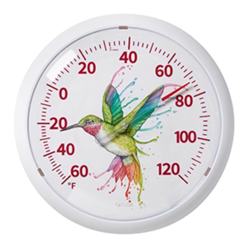 Set of four Emery Jensen dial home thermometers, 13.25-inch, measuring indoor temperature with clear dial displays.