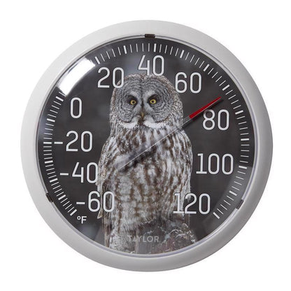 Set of four Emery Jensen owl dial thermometers, 13.25-inch home thermometers, with colorful owl design for indoor temperature reading.