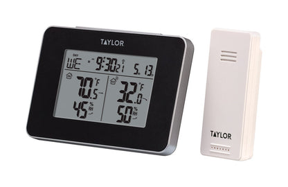 Wireless humidity and home thermometer from Emery Jensen, displaying digital readout of temperature and humidity levels.