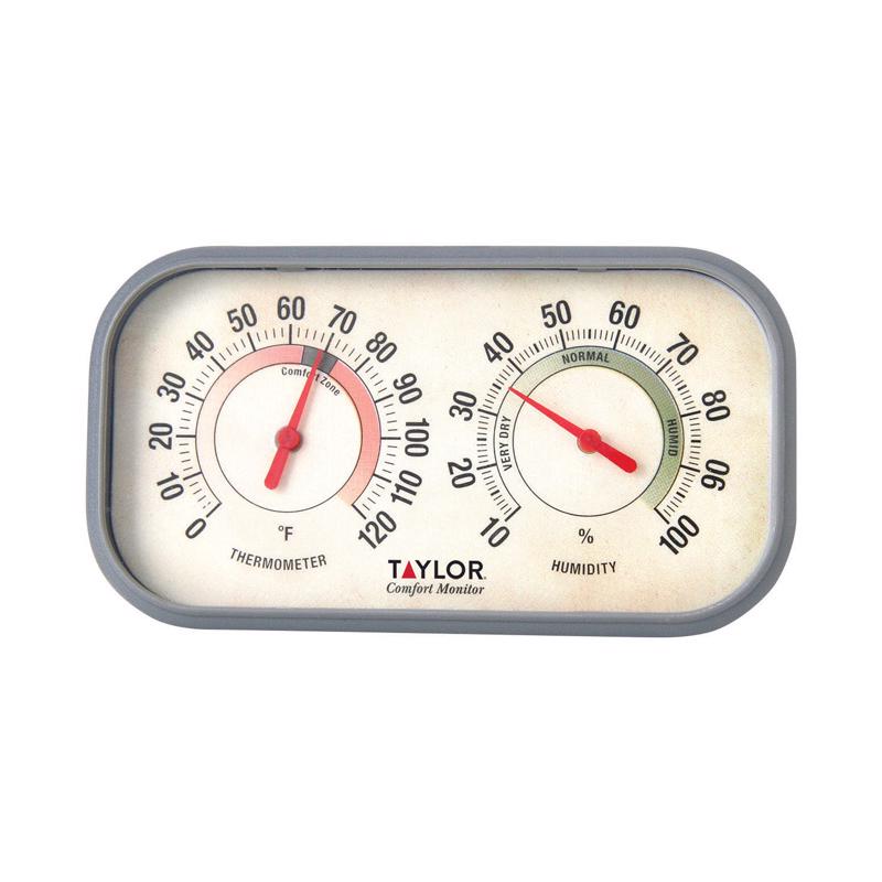 Emery Jensen home thermometer and humidity monitor showing temperature and humidity levels in a cozy room setting.