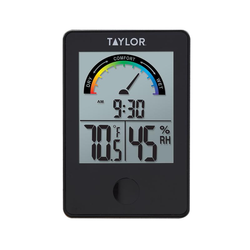 Emery Jensen home thermometer and hygrometer displaying temperature and humidity levels on a digital device.