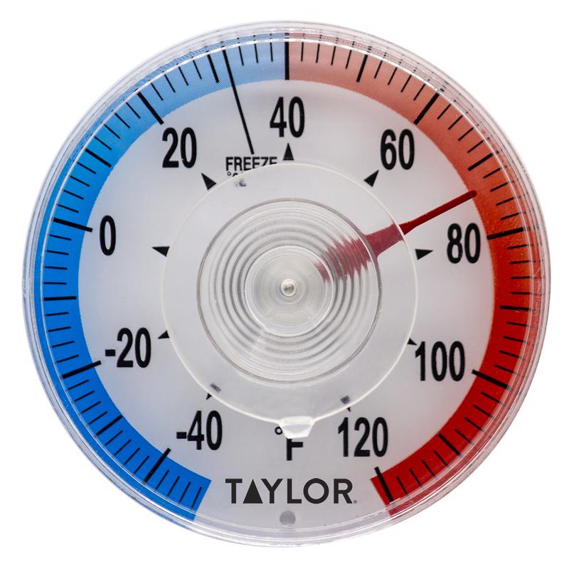Emery Jensen home thermometer with suction cup for accurate temperature readings, mounted on a smooth surface.