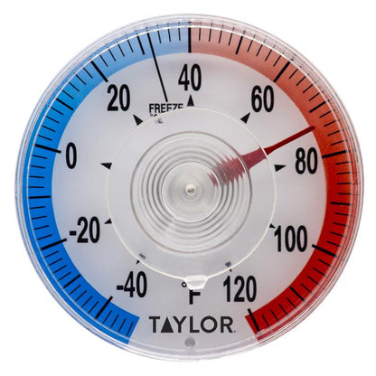 Emery Jensen home thermometer with suction cup for accurate temperature readings, mounted on a smooth surface.