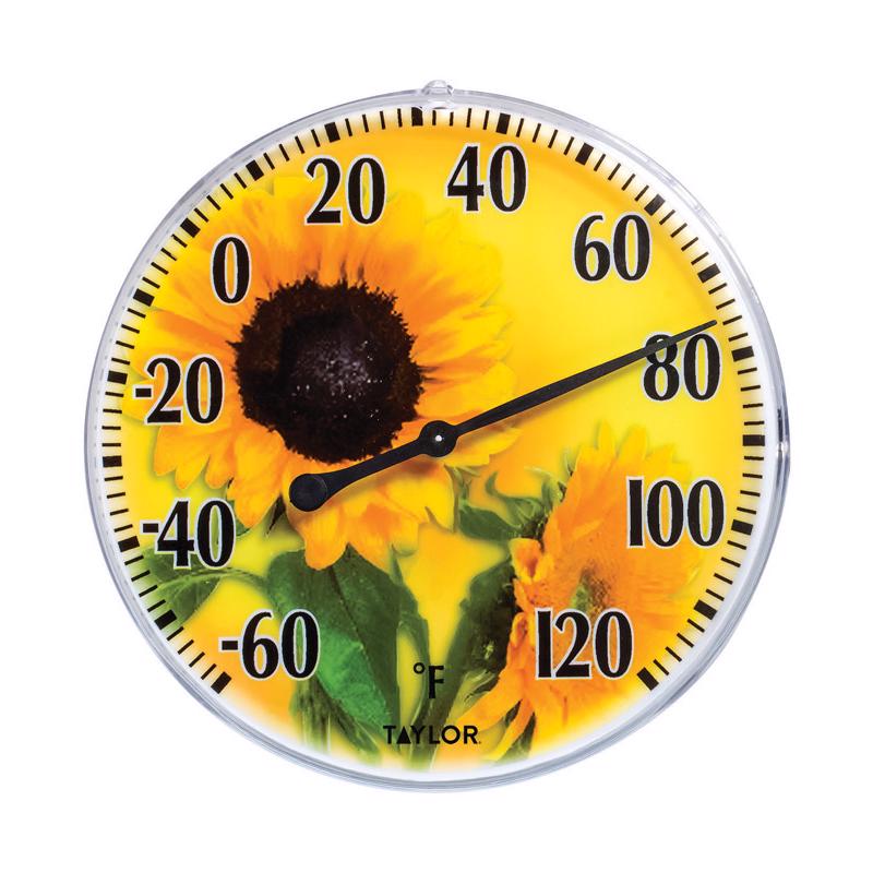 Emery Jensen sunflower-themed home thermometer showing temperature with a sunflower design, ideal for indoor use.