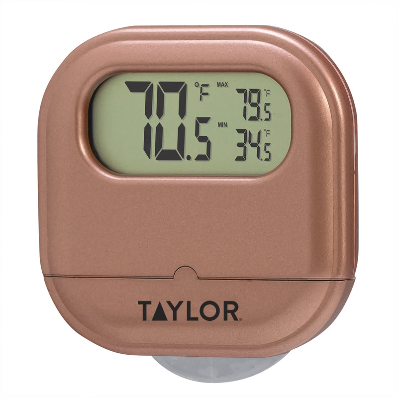 Emery Jensen home thermometer with a suction cup, digital display, and assorted colors for accurate temperature measurement.