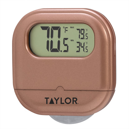 Emery Jensen home thermometer with a suction cup, digital display, and assorted colors for accurate temperature measurement.