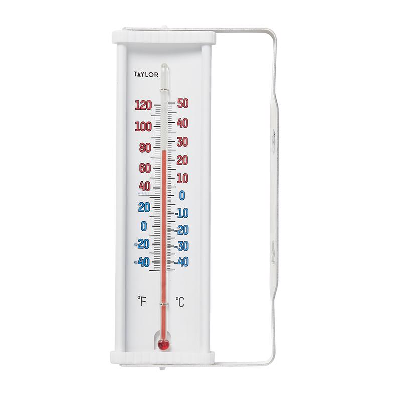 Emery Jensen home thermometer mounted on a window bracket, displaying temperature for indoor or outdoor use.