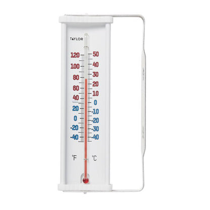 Emery Jensen home thermometer mounted on a window bracket, displaying temperature for indoor or outdoor use.