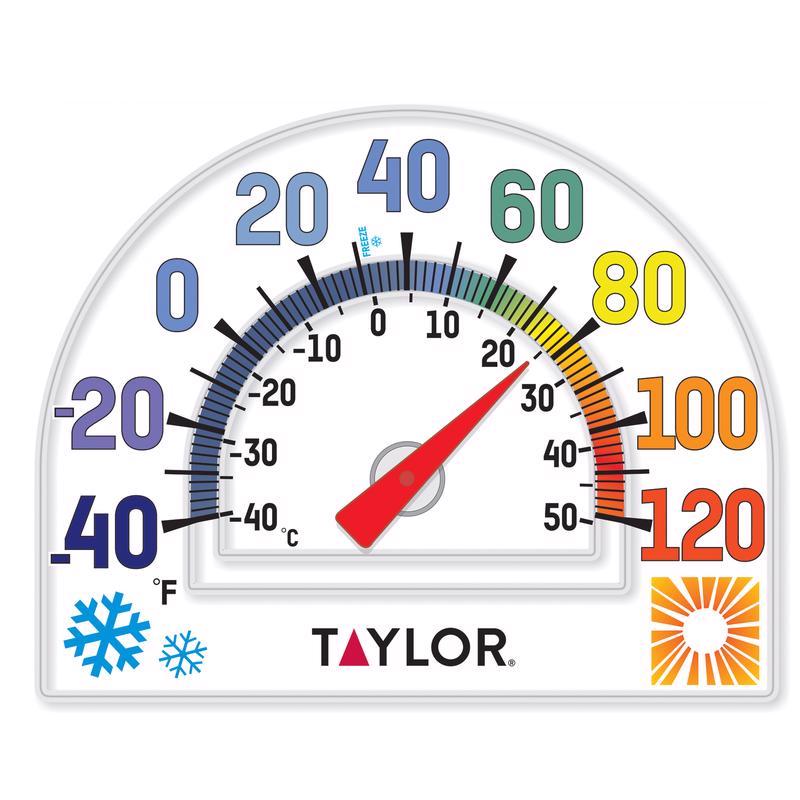 Emery Jensen 7-inch wind chill home thermometer showing temperature readings on a white background.