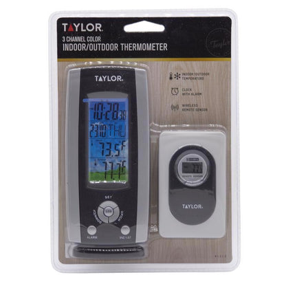 Wireless in/out home thermometer by Emery Jensen showing digital display and temperature readings in a modern design.