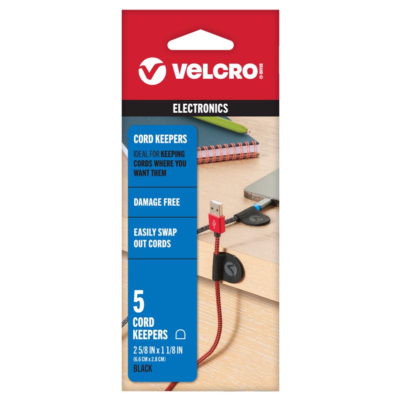 Black nylon cord organizer with hook and loop fasteners, 5-pack from Emery Jensen for secure cable and cord management.