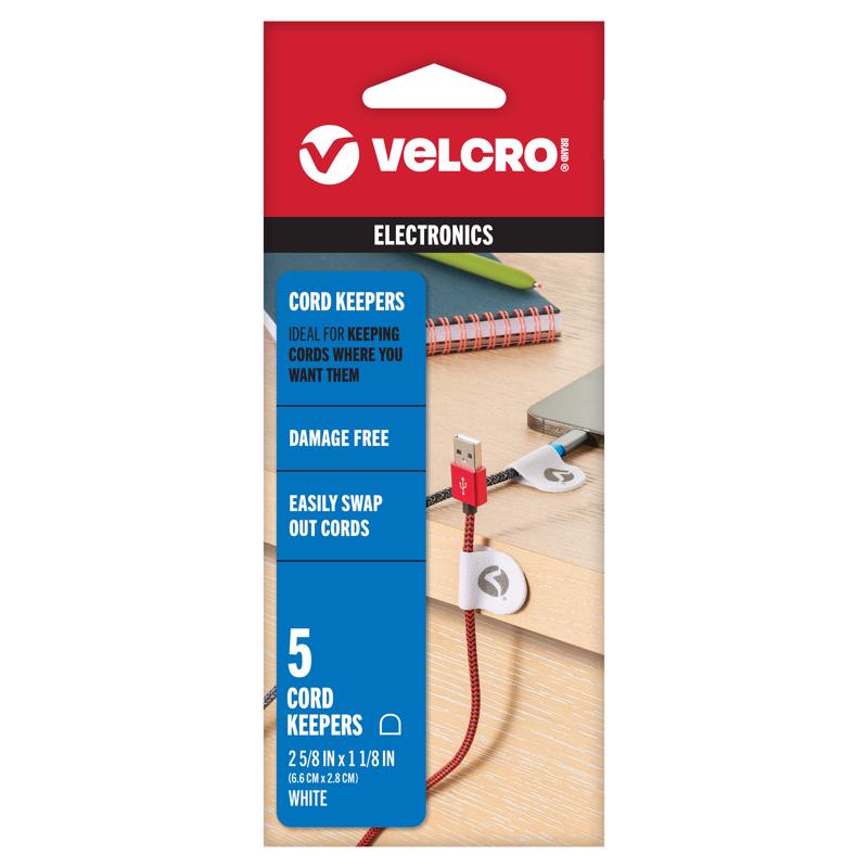 White nylon cord organizer hooks and loop fasteners, 5-pack by Emery Jensen for securing and organizing cables or cords.