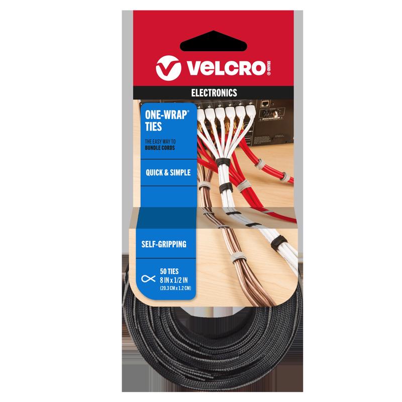 Emery Jensen reusable VELCRO hook and loop fastener ties, 50-count, used for bundling and organizing cables or items.