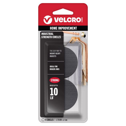 Black Velcro Sticky Coins from Emery Jensen, hook and loop fasteners, close-up showing textured surface and adhesive backing.