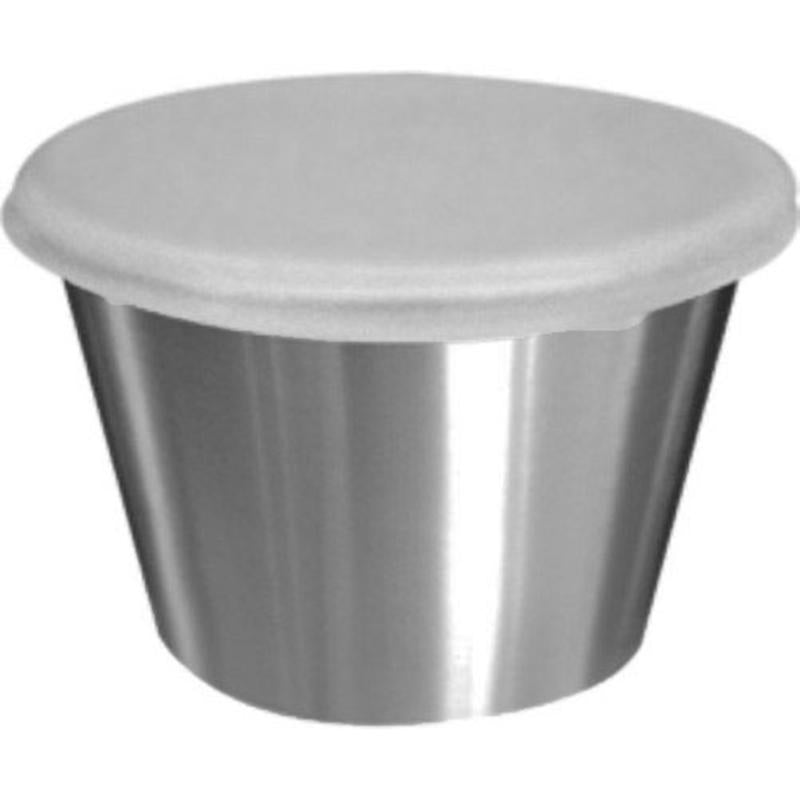Set of six stainless steel dipping cups with lids from Emery Jensen, suitable for hooks and clips.