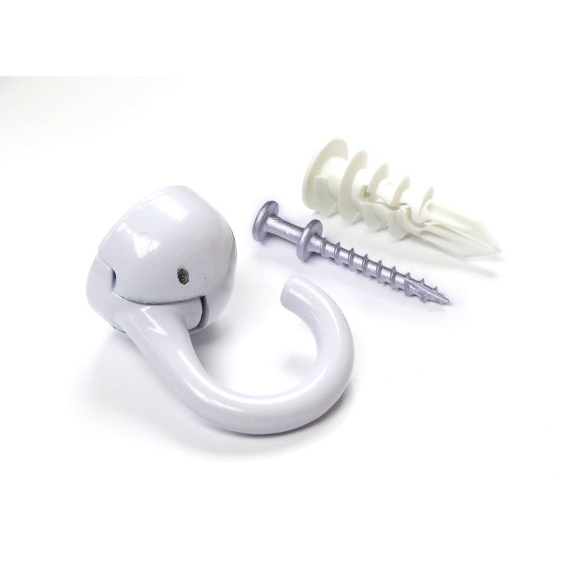 White ceiling hook by Emery Jensen, sturdy metal hook for hanging lightweight items from ceilings.