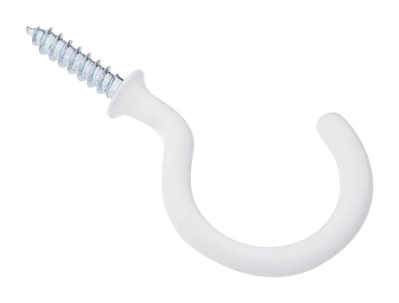 White 1-1/2-inch Emery Jensen cup hook mounted on a surface, ideal for hanging cups or small items in a home or kitchen.
