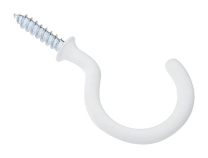 White 1-1/2-inch Emery Jensen cup hook mounted on a surface, ideal for hanging cups or small items in a home or kitchen.