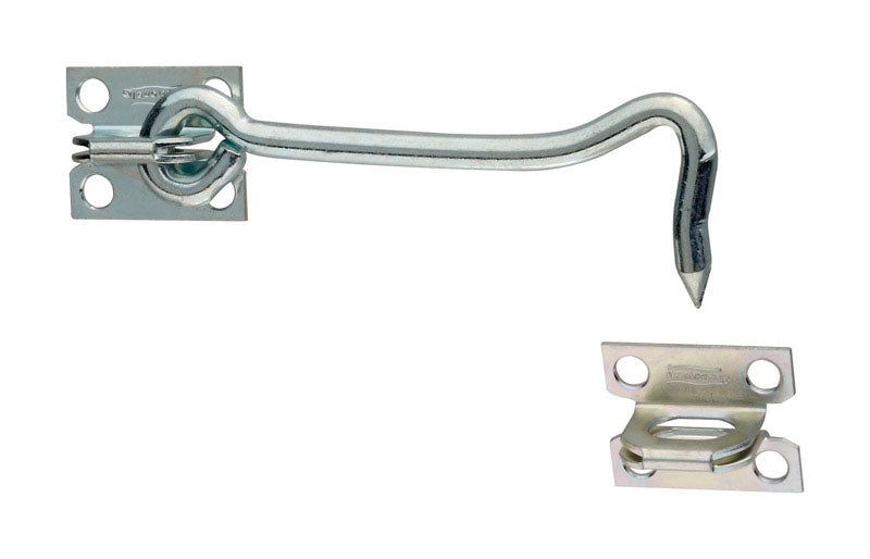 Emery Jensen 5-inch zinc gate hook with steel staple, durable metal construction for secure gate fastening.