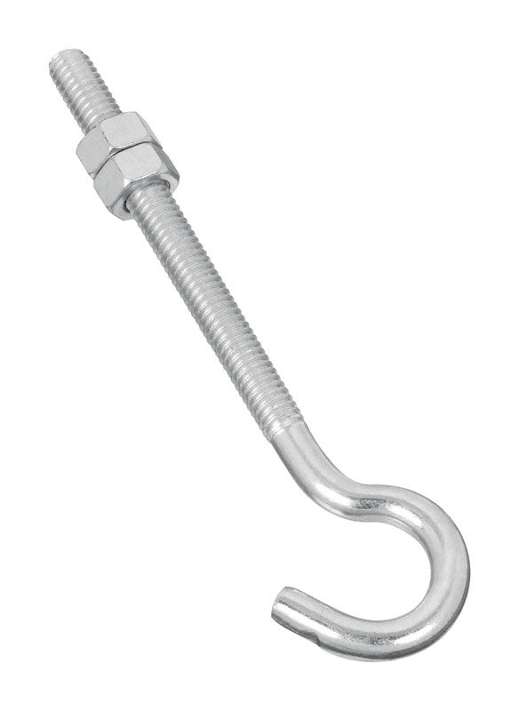 Emery Jensen zinc-plated hook bolt, 5/16 inch diameter, 5-inch length, mounted on a surface for hanging or securing items.