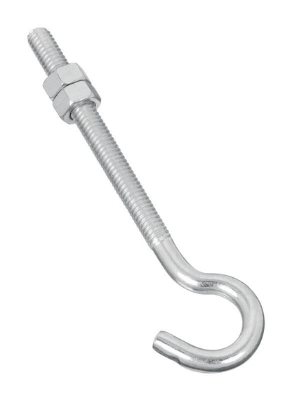 Emery Jensen zinc-plated hook bolt, 5/16 inch diameter, 5-inch length, mounted on a surface for hanging or securing items.