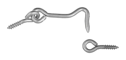Emery Jensen 2-inch zinc-plated hooks and eyes, metal fasteners for sewing or craft projects, shown in close-up.