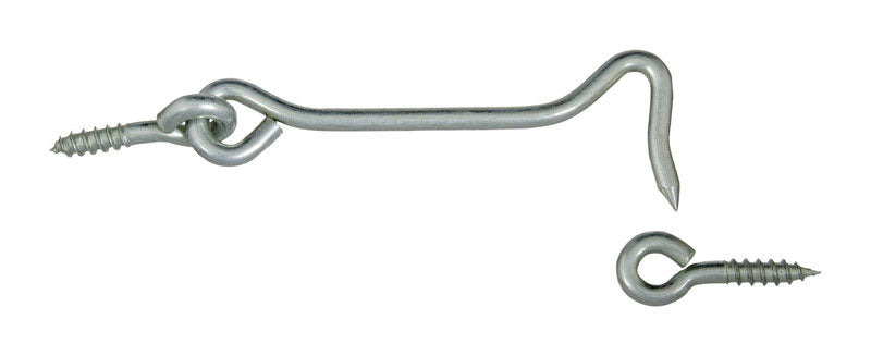 Emery Jensen 4-inch zinc-plated hooks and eyes, metal fasteners for securing fabric or materials, shown in close-up.