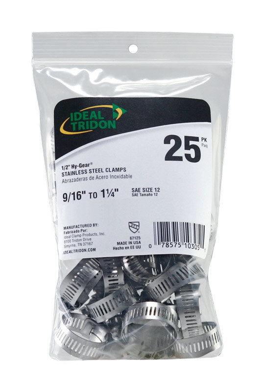 Stainless steel SAE 12 hose clamp from Emery Jensen, showing the adjustable band and screw for securing hoses.