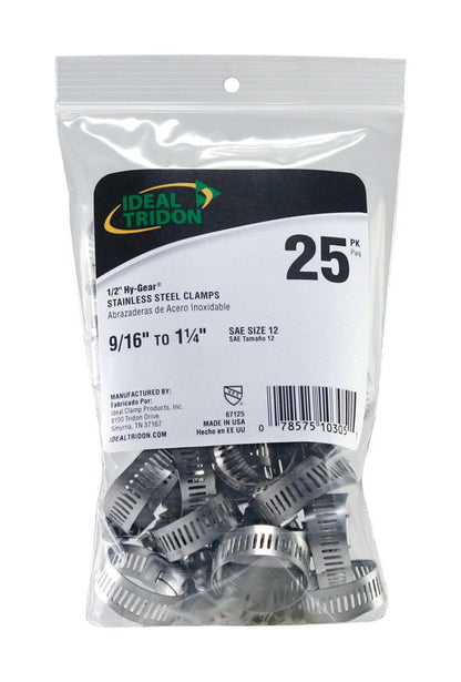 Stainless steel SAE 12 hose clamp from Emery Jensen, showing the adjustable band and screw for securing hoses.