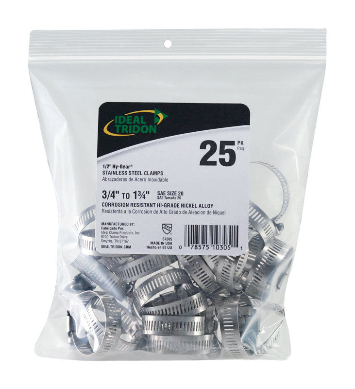 Emery Jensen 3/4-1.75 inch stainless steel hose clamps, SS25PK, shown securing flexible hoses in a plumbing setup.