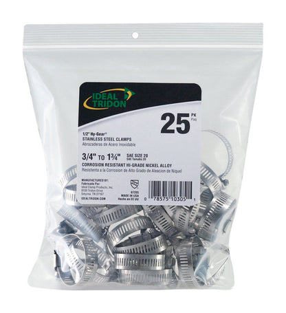 Emery Jensen 3/4-1.75 inch stainless steel hose clamps, SS25PK, shown securing flexible hoses in a plumbing setup.