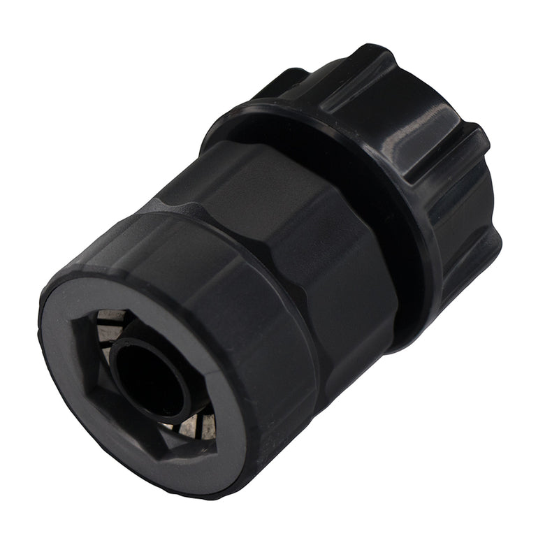 Emery Jensen hose mender push adapter for 5/8-inch hoses, used for repairing or connecting garden hoses.