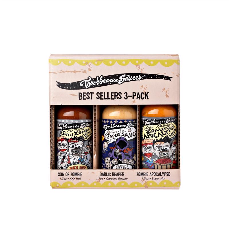 Emery Jensen hot sauces gift box with three different hot sauce bottles in a sleek packaging.