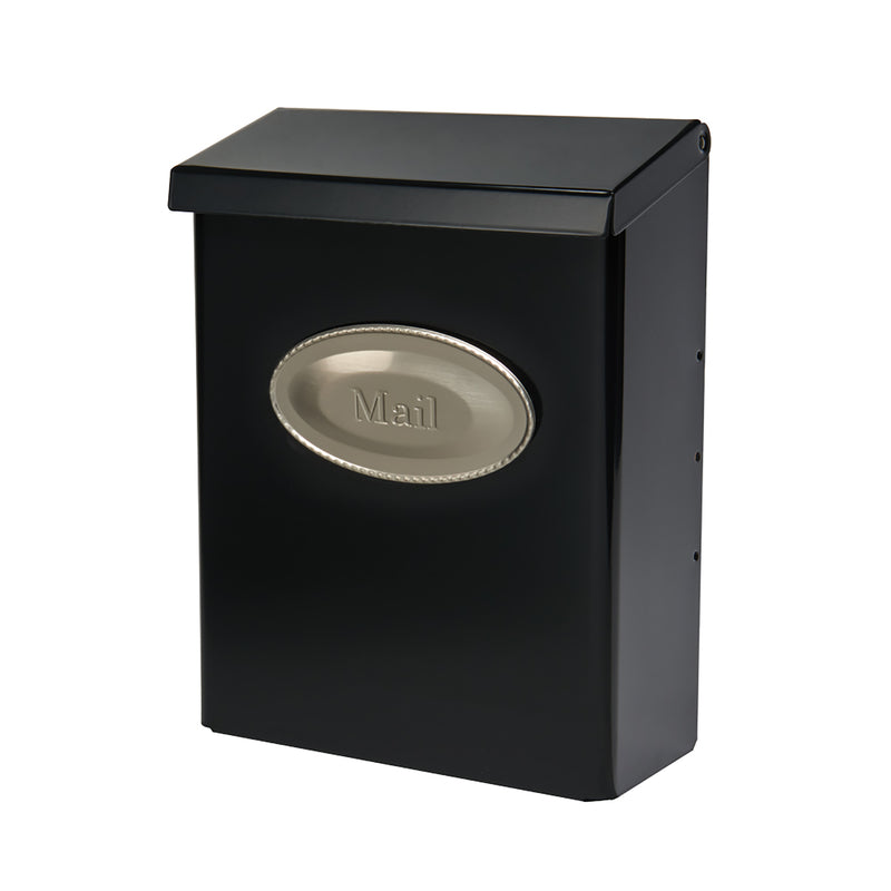 Emery Jensen house-mounted mailbox with vertical lockable door and sleek black finish, installed on a residential wall.