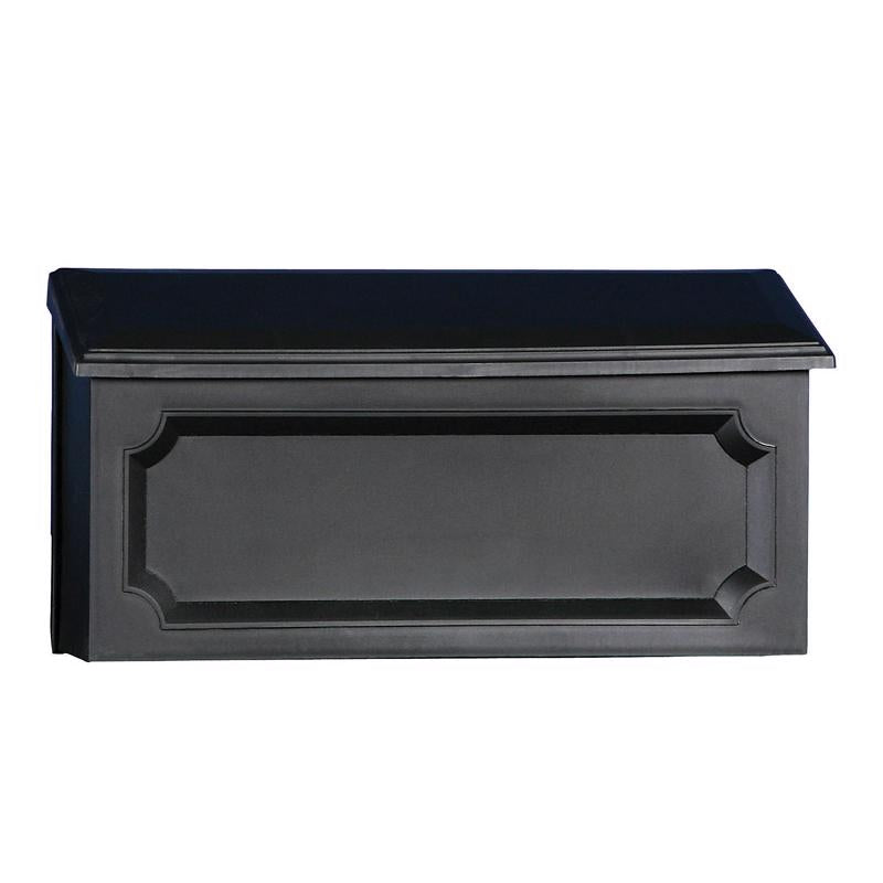 Black house-mounted mailbox by Emery Jensen, horizontal plastic design with a secure front opening for mail delivery.