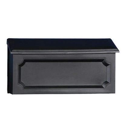 Black house-mounted mailbox by Emery Jensen, horizontal plastic design with a secure front opening for mail delivery.